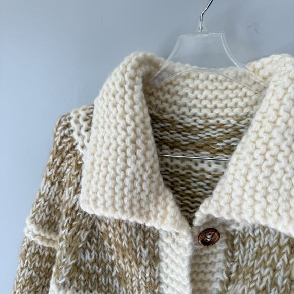 Stunning VTG Hand Knit Chunky Long Cardigan Belted Mustard Yellow Cream S Pocket - Picture 4 of 7